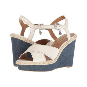 Coach Eaton Chalk Leather Denim Wedge Sandals